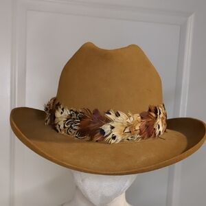Vintage 60s I Magnin Tan Wool Hat Feather Hatband Weekend Roundup SZ 7 5/8